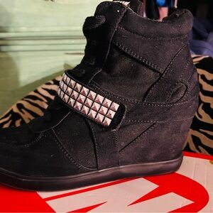 Black Studded High-Top Wedge Sneakers